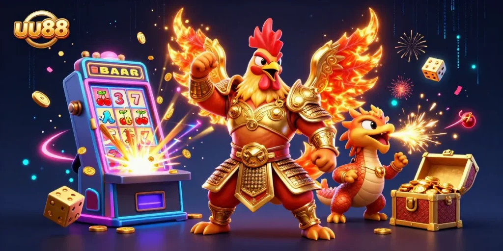 Experience exciting gameplay at uu88 with powerful characters and jackpot rewards illustrated in a vibrant scene.