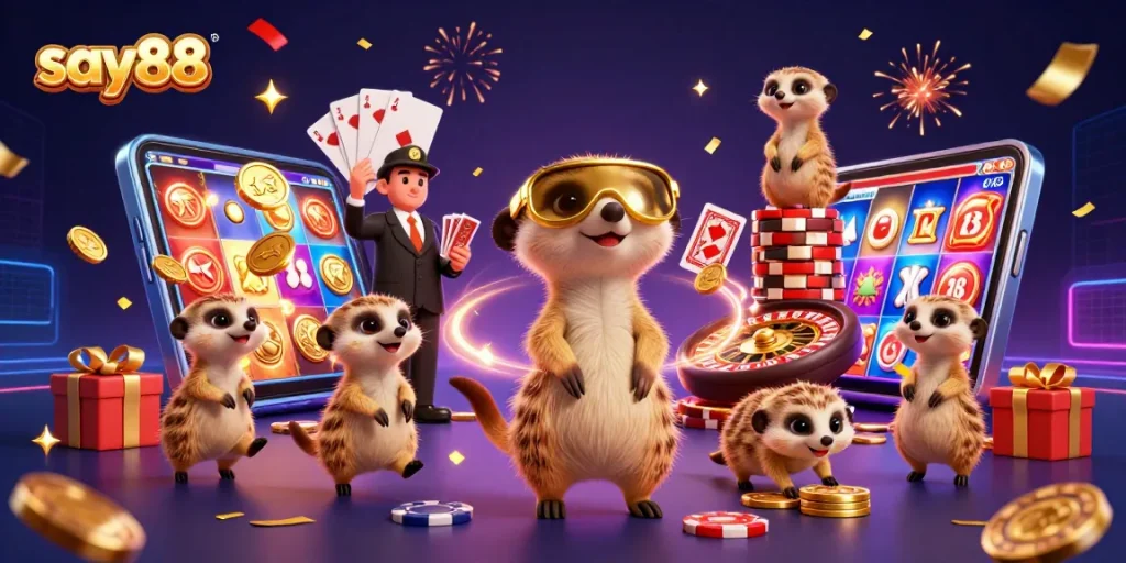 Engage in thrilling casino action with say88's meerkat dealers in a vibrant atmosphere.