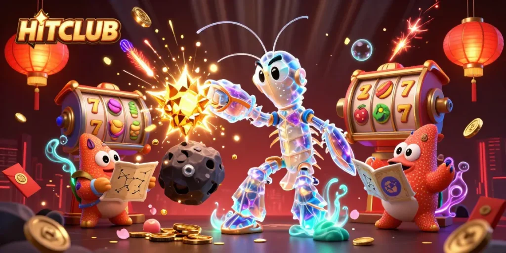 Experience the thrill of HITCLUB's gambling world with dynamic slot elements and vibrant 3D characters.