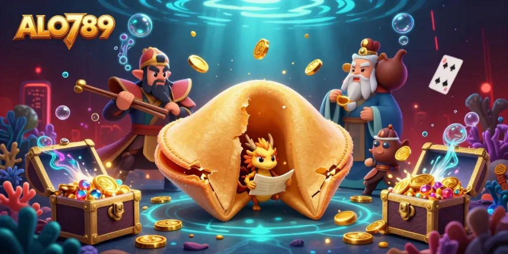 Experience the excitement of gameplay at ALO789 with 3D illustrations of fortune cookies and luxurious treasures.