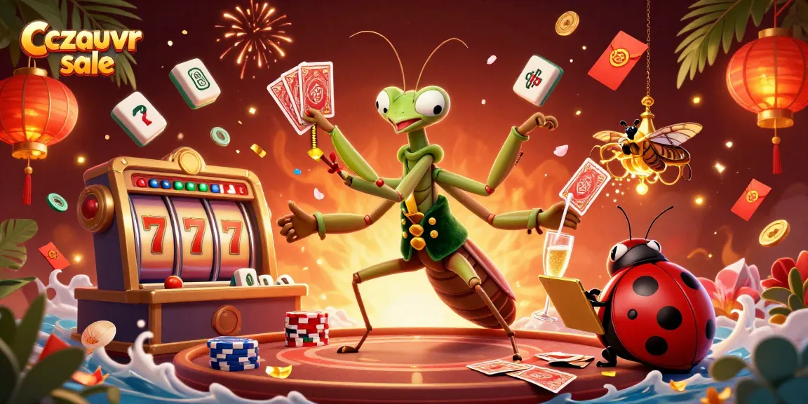 Cczauvr sale features a vibrant 3D casino scene with a mantis dealer and rich gaming symbols.