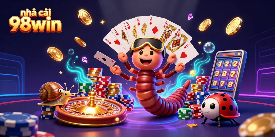 Experience the vibrant action of nhà cái 98win with a cartoon millipede dealer and exciting game elements.