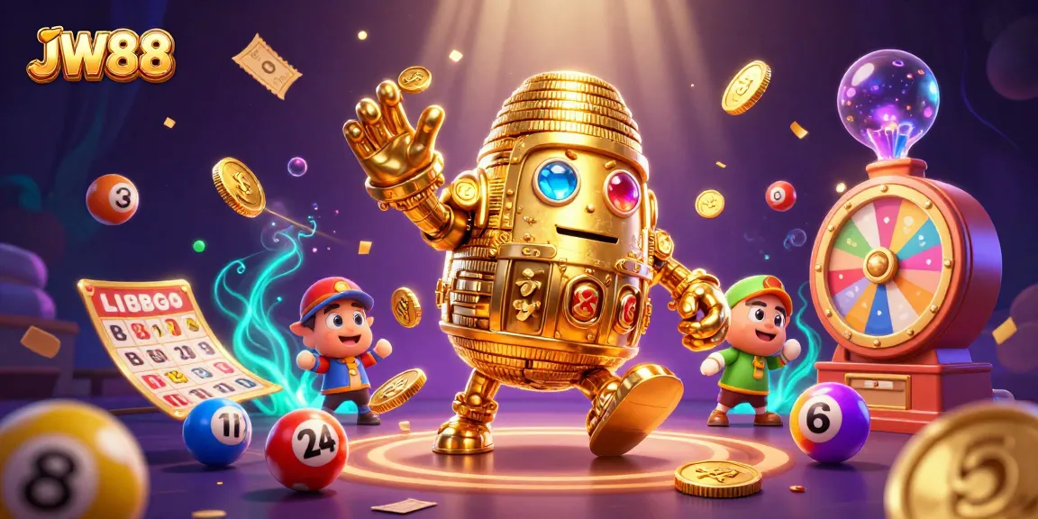 Engage with JW88's dynamic gaming scene featuring a golden golem and vibrant lottery elements.
