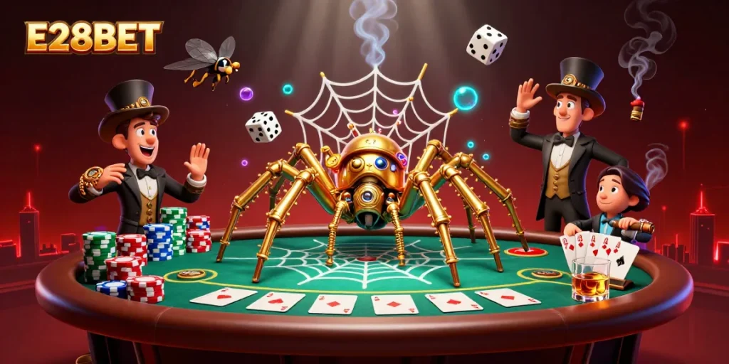 E28BET enhances thrill with steampunk aesthetics in a vibrant casino scene, where luck intertwines with strategy.