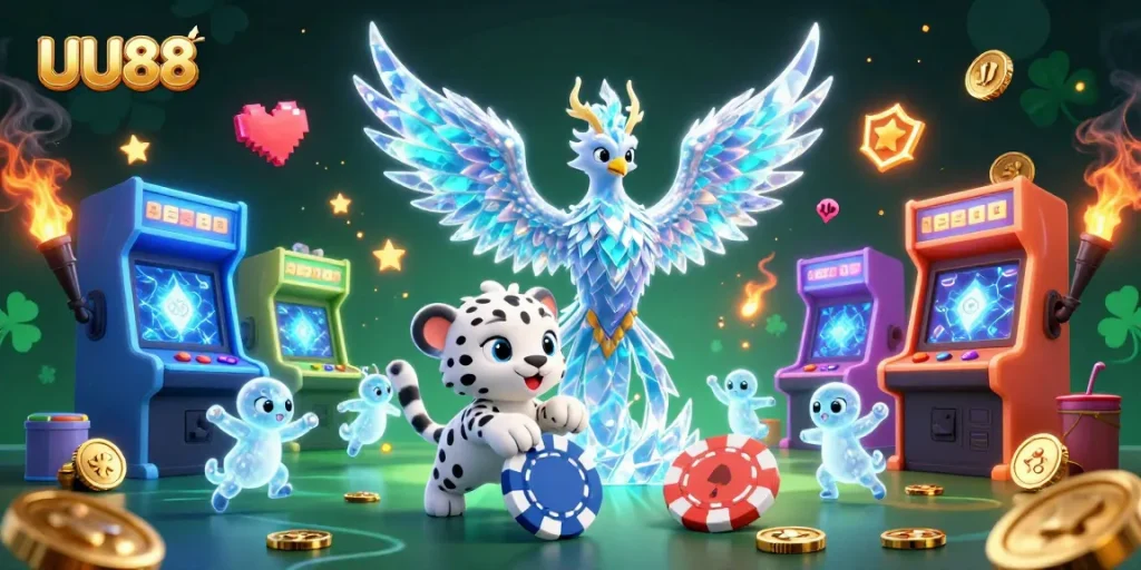 Win big with UU88 in this vibrant casino scene showcasing an ice phoenix and gaming elements.