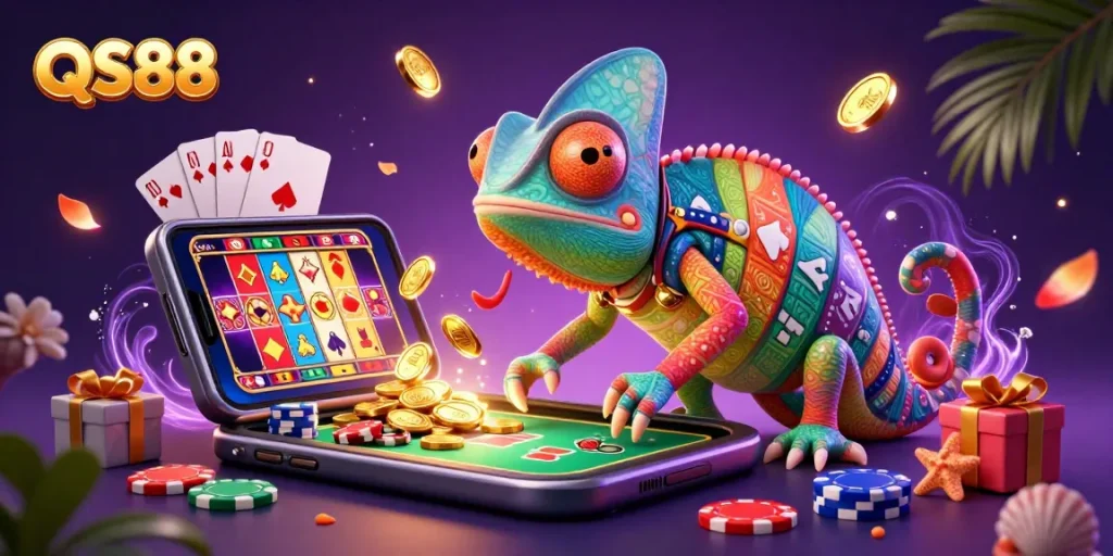Engage with QS88's vibrant gaming universe featuring animated chameleon owner and festive casino elements.