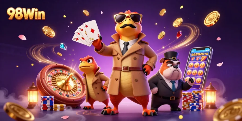 Experience the excitement at 98Win with whimsical raptors, shimmering coins, and vibrant casino atmosphere.