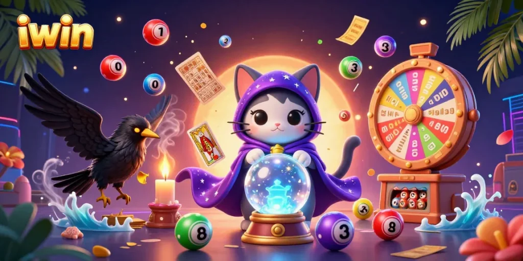 Experience thrilling iwin games with mystical characters surrounded by vibrant lottery elements.