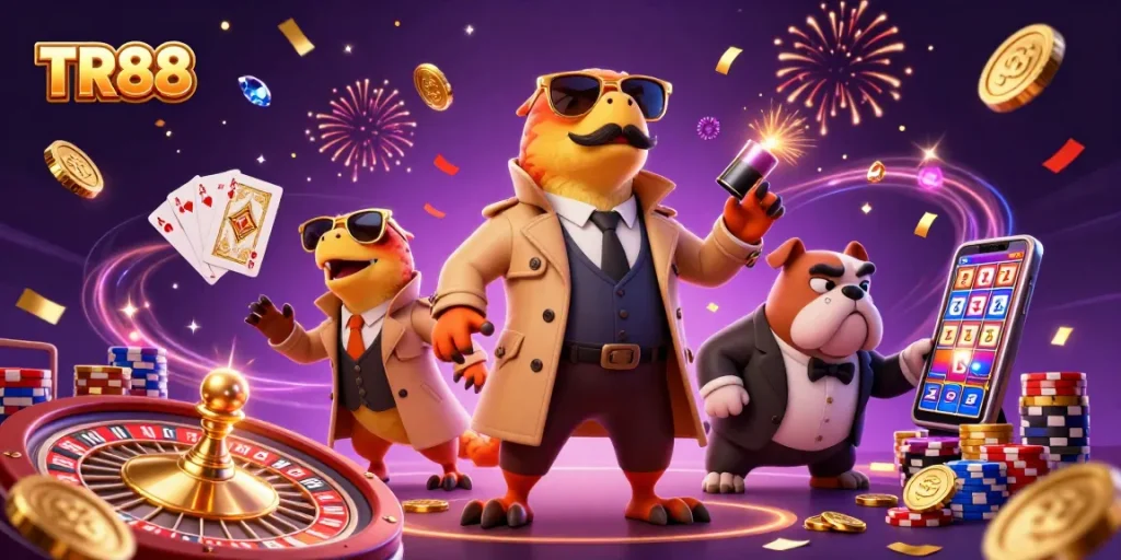 TR88 casino scene with playful raptor characters and vibrant gaming elements surrounding them.