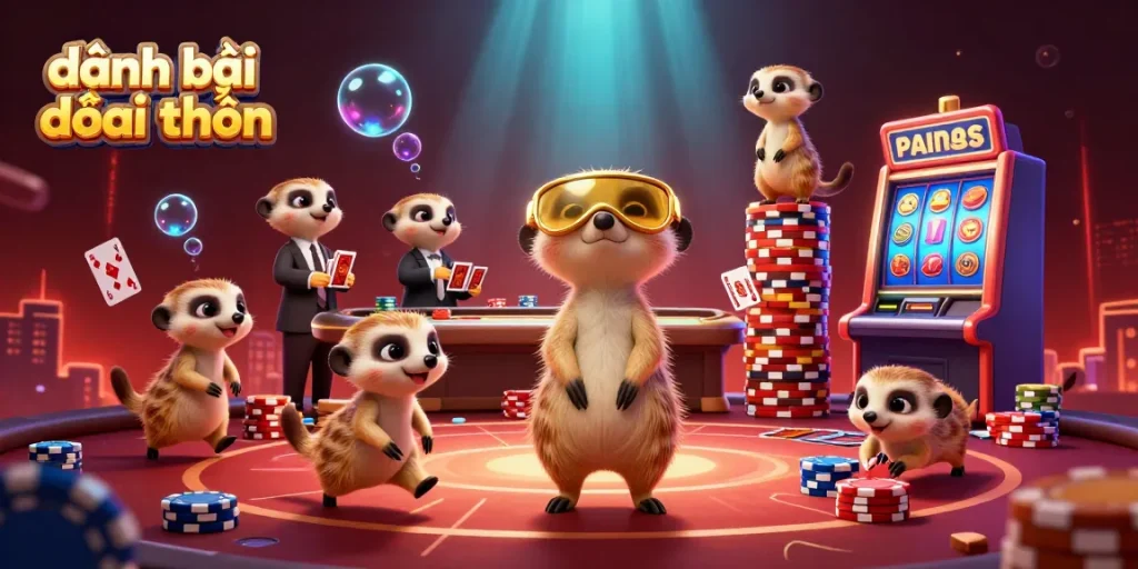 Experience the thrill of đánh bài đổi thưởng with meerkats in a vibrant casino setting, showcasing dynamic gameplay.