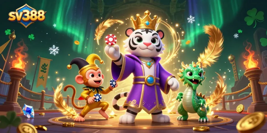 Witness an energetic sv388 scene with a lively tiger and jester in a dramatic cockfighting arena.