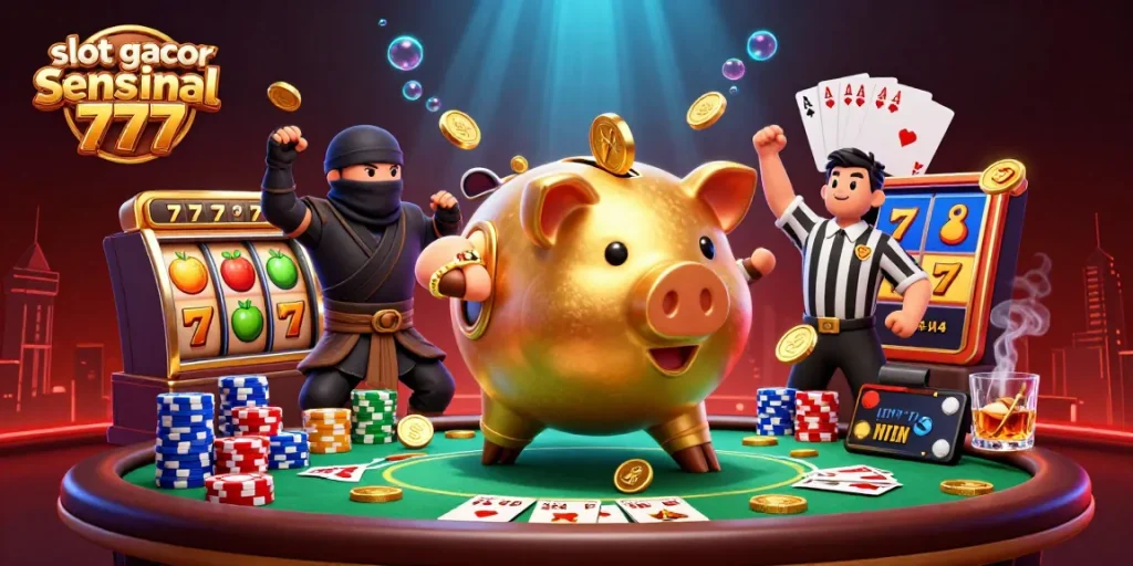 Slot gacor sensasional 777 menampilkan ilustrasi kartun 3D karakter celengan dan ninja dalam aksi menang!