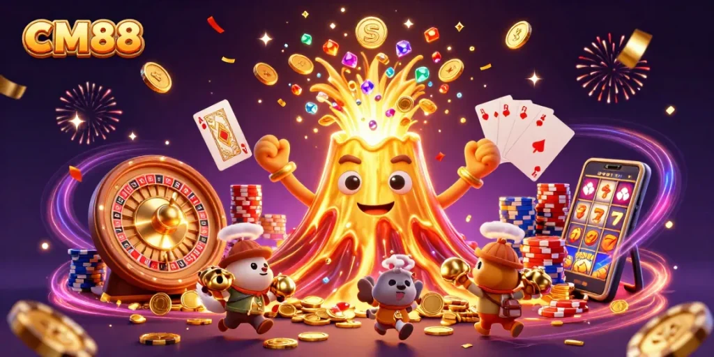 Celebrate wins with CM88's thrilling 3D casino adventure and treasure-filled scene.