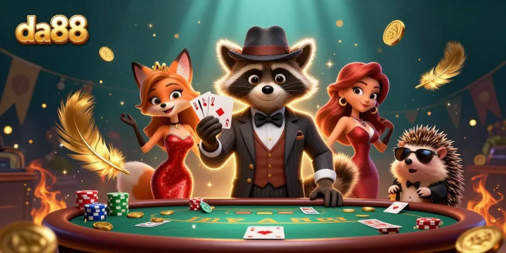 Engage in casino action with da88, featuring a raccoon holding a royal flush and vibrant betting elements.