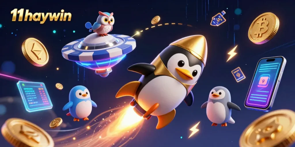 Experience thrilling gaming with 11haywin as a golden penguin soars towards casino excitement in space.