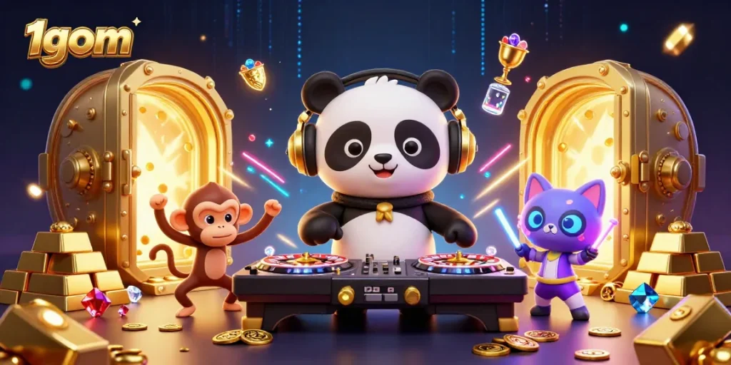 Experience exhilarating fun with 1gom's DJ panda, treasure vaults, and vibrant gaming elements.