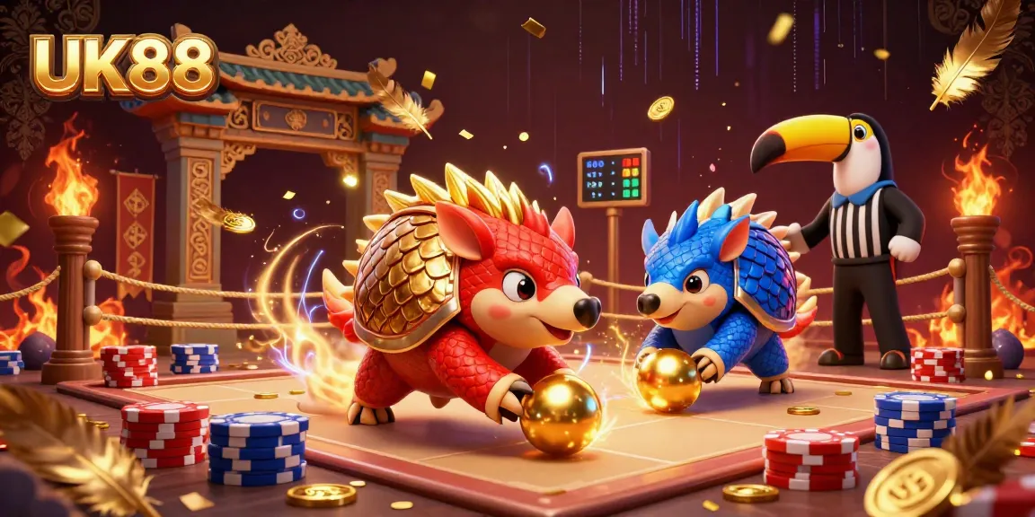Engage with the UK88 pangolin showdown amidst golden chips and vibrant casino elements.