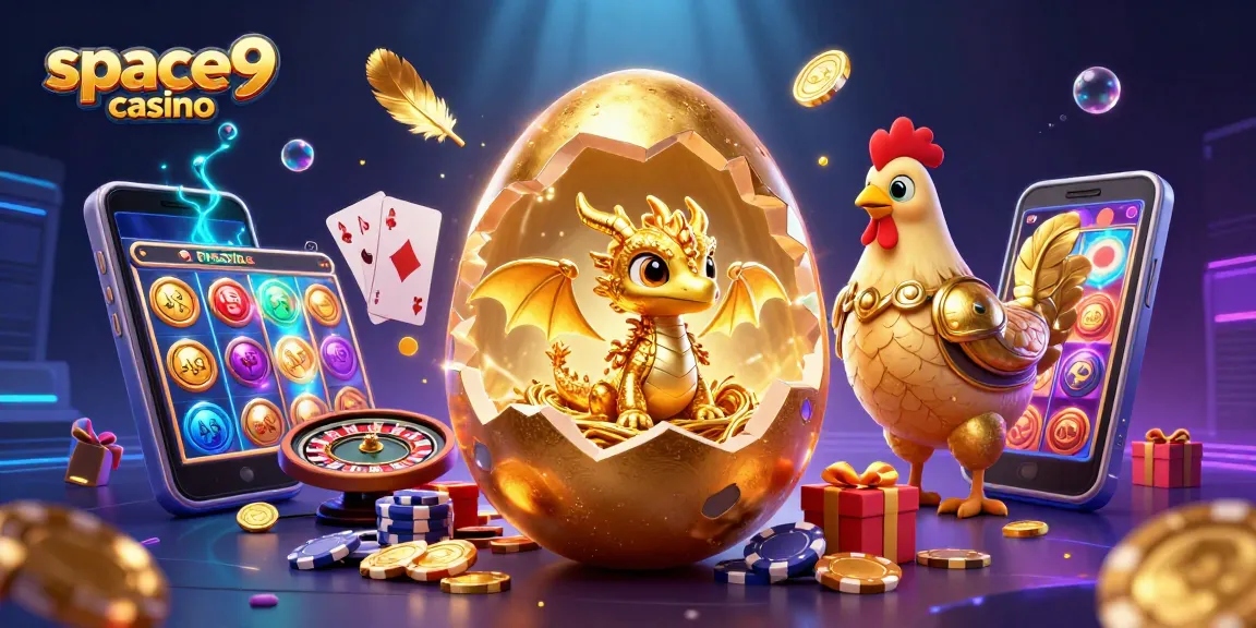 Play at space9 casino with a golden dragon and poker chips amidst vibrant gaming elements