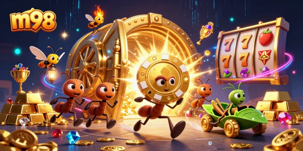 Experience thrilling wins with m98 as ants steal golden poker chips amidst vibrant casino elements.