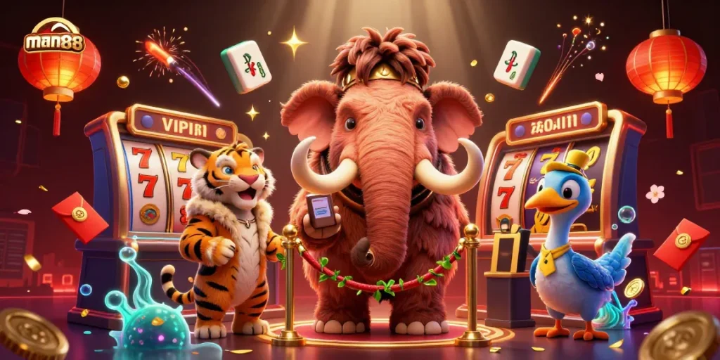Experience man88 at the casino with a woolly mammoth bouncer and vibrant slot game elements.