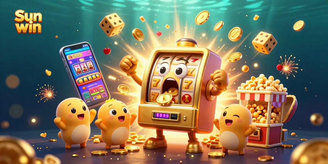 Experience the excitement of Sun win with vibrant 3D gaming elements and lively characters celebrating a jackpot win.