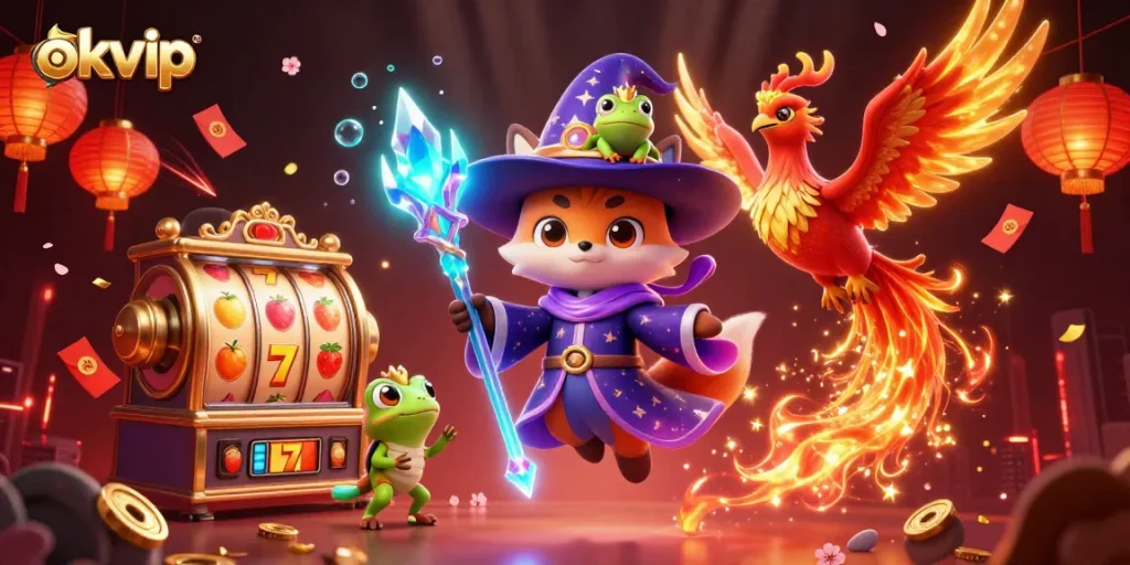 Experience thrilling gameplay with okvip's vibrant 3D slot machine scene featuring magical characters and dynamic elements.