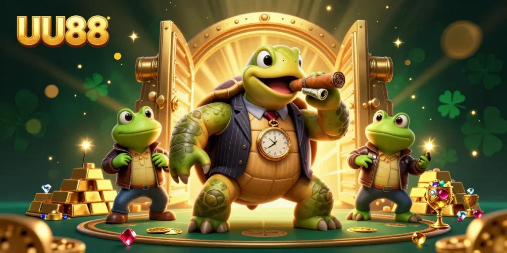 UU88 captures the excitement of online gambling with a vibrant casino scene featuring themed characters and treasures.