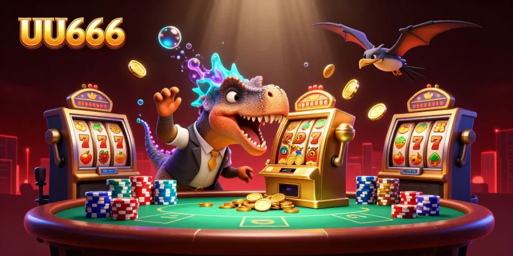 UU666 offers exciting jackpot action with dinosaur characters in a vibrant casino scene.
