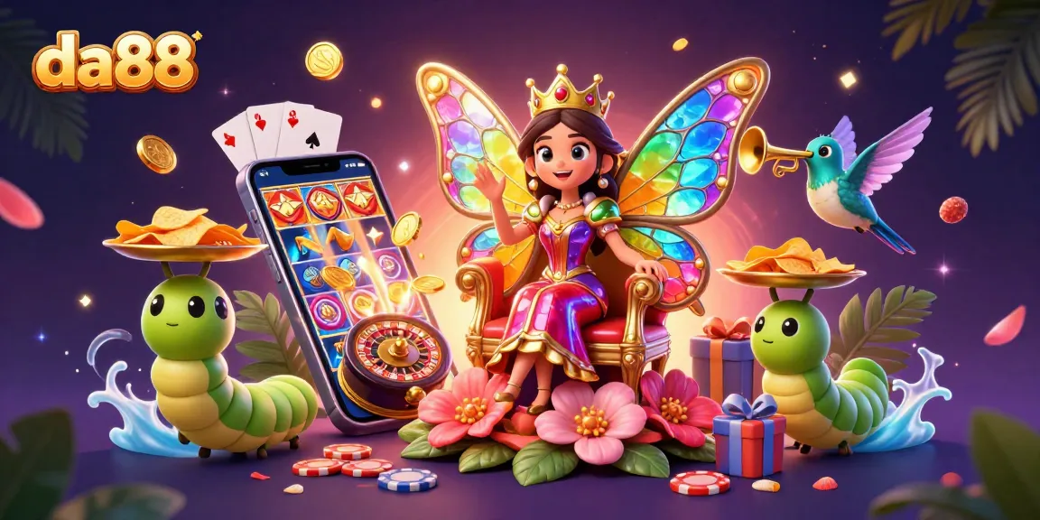 Experience da88's vibrant casino scene with a butterfly queen and gaming elements bursting with excitement.