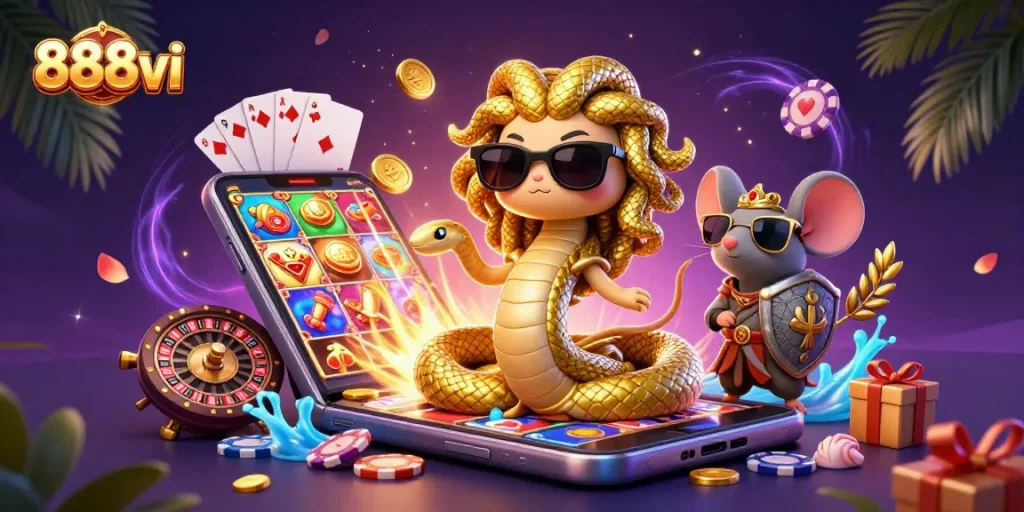 Spin to win with 888vi in an exciting casino illustration featuring games and characters.