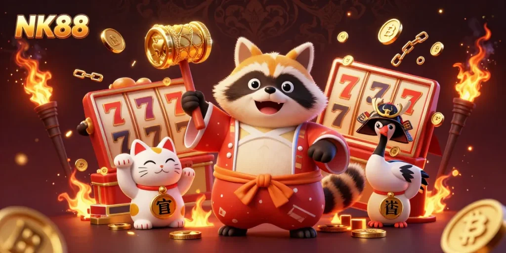 Experience the vibrant gambling scene of NK88 with cheerful characters and casino elements adding excitement.