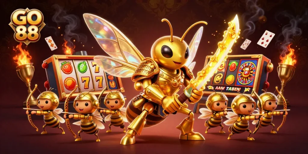 Engage with GO 88's dynamic gaming world featuring an anime-inspired golden hornet samurai and rich casino elements.