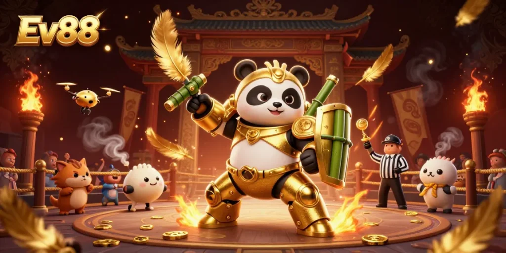 Engage in thrilling gameplay with Ev88 featuring a golden panda robot in an energetic casino arena.