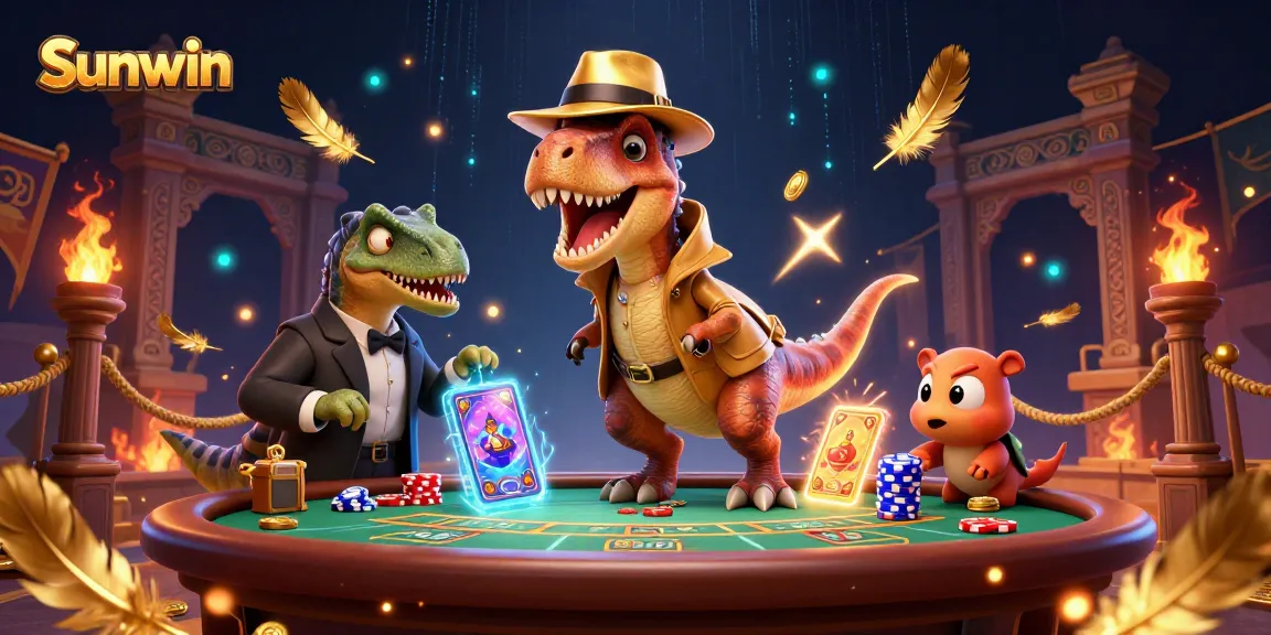 Sunwin captivates with a velociraptor card counter at a blackjack table amidst a dynamic casino scene.