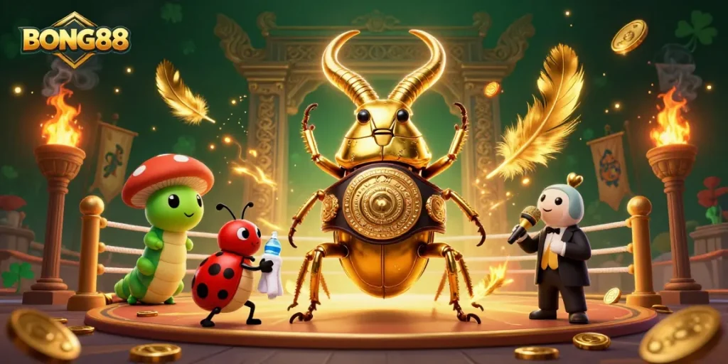 BONG88 engages players in thrilling casino adventures with a golden stag beetle champion and vibrant elements.