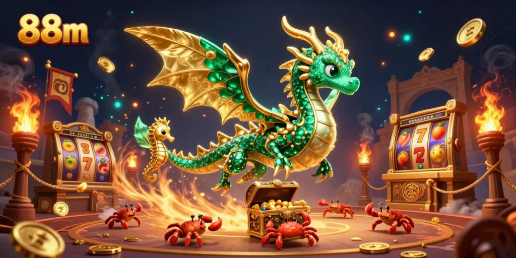 Engage in thrilling gameplay at 88m with an emerald dragon guarding treasures and jackpot elements.