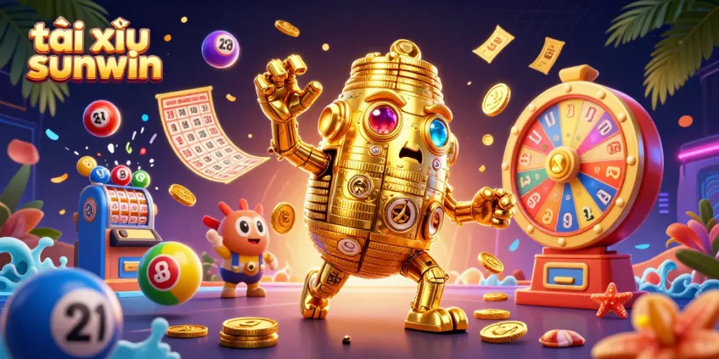 Engage with tài xỉu sunwin, a vibrant 3D scene of animated casino characters and elements creating an exciting gambling atmosphere.