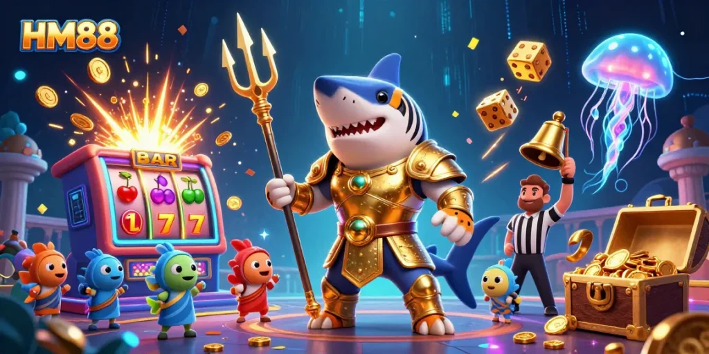 Join the excitement at HM88 with a thrilling illustration of a gladiator shark amidst a jackpot casino scene.