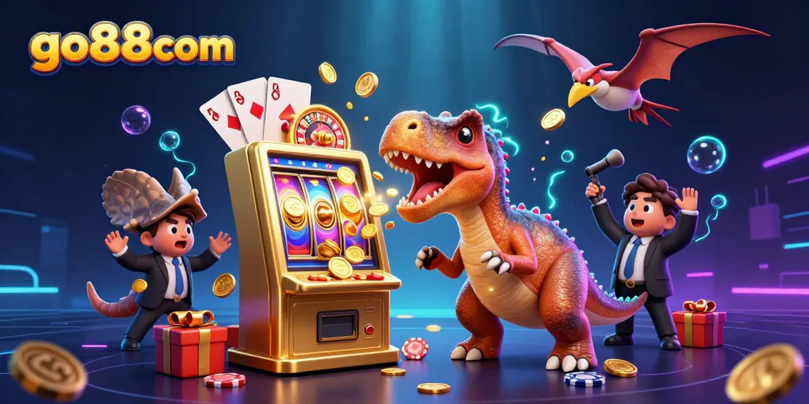 Experience the excitement of go88com with a dynamic illustration of dinosaurs and casino elements in a vivid scene.