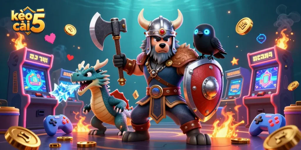 Engage with the thrilling action of kèo nhà cái 5 as our Viking warrior and fierce dragon battle for glory.