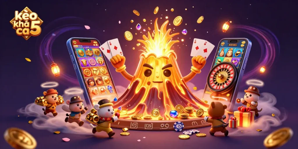 Experience thrilling wins with kèo nhà cái 5 as golden treasures erupt from a volcano amidst exciting gaming elements.