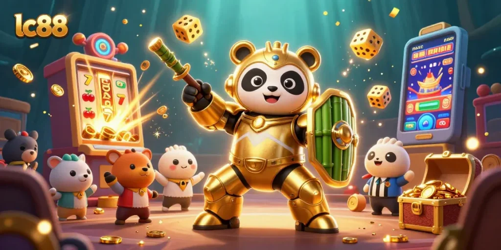 Experience lc88's exciting gaming atmosphere with a dynamic 3D visual of a panda in a mech suit.