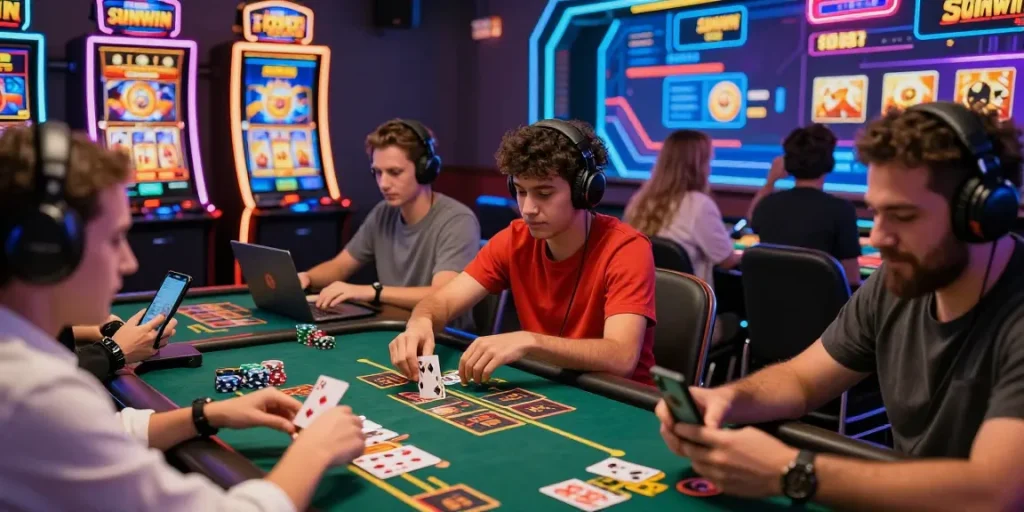 Players enjoying Sunwin casino games via mobile devices in a vibrant and dynamic online setting.