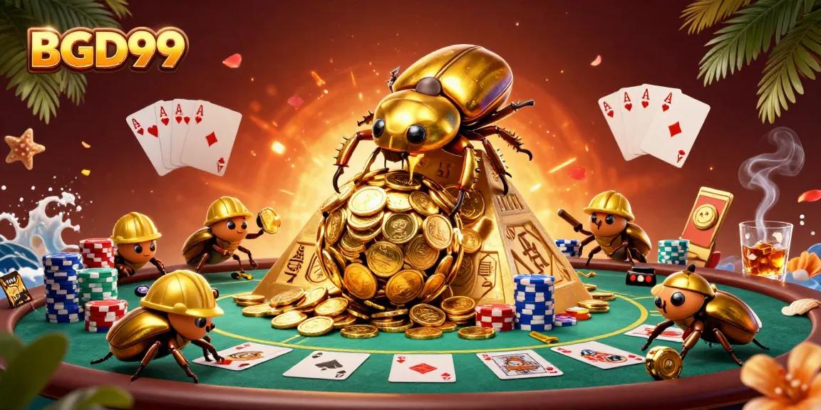 Engage with BGD99's thrilling atmosphere in a dynamic casino scene featuring golden beetles and poker elements.