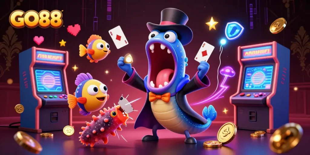 GO88 showcases thrilling casino magic with an eel magician and colorful game machines.
