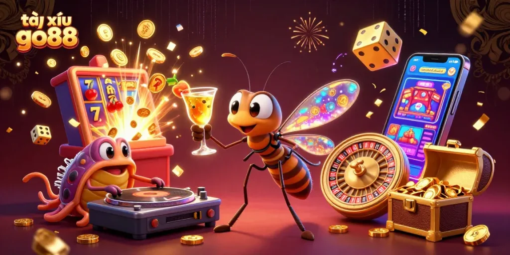 Engage with the excitement of tài xỉu go88, featuring a dynamic casino scene with animated characters and jackpot elements.