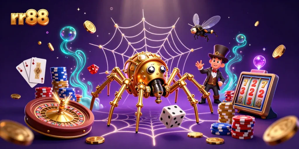 Engage with the thrilling world of rr88 featuring a golden spider catching dice and vibrant casino elements.
