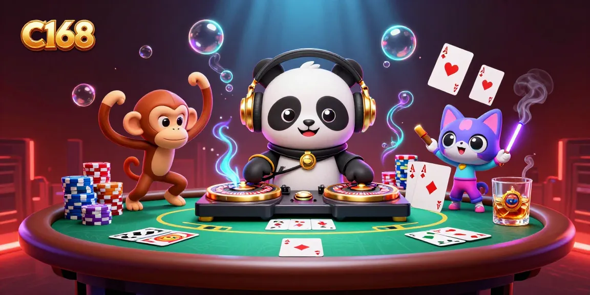 C168 showcases a vibrant scene with a DJ panda and gaming elements celebrating online casino excitement.