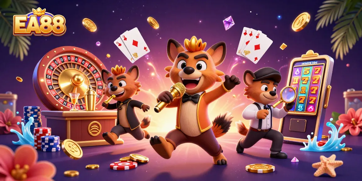 Experience EA88's lively casino with cartoon hyenas, gold coins, and vibrant game elements.