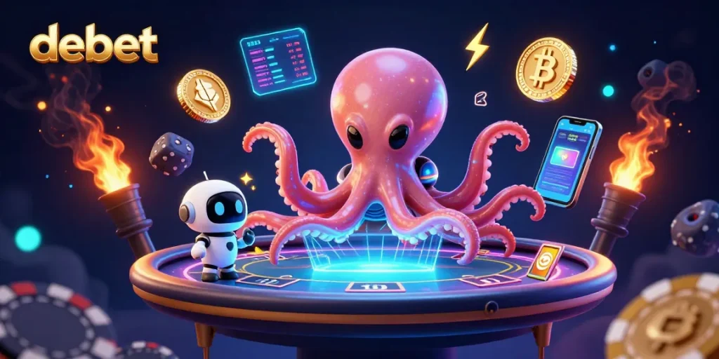 Experience the thrilling action of debet at a holographic poker table with vibrant casino elements.